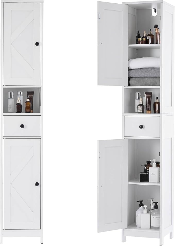 GarveeHome Tall Narrow Bathroom Cabinet, 66.9" Small Skinny Bathroom Storage Cabinet for Small Spaces | Freestanding Water Resistant Organizer for Bathroom, Kitchen, Hallway (1 Drawer, White)