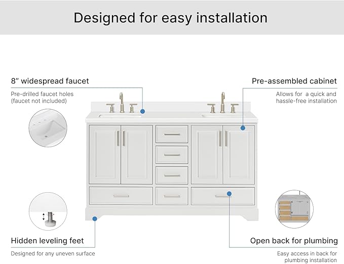 ARIEL Stafford 60-inch Bathroom Vanity with Sink,Solid Wood, 1.5-inch Pure White Quartz Countertop & Backsplash, Double Rectangular Porcelain Sink, 4 Soft Closing Doors, 6 Dovetail Drawers, White