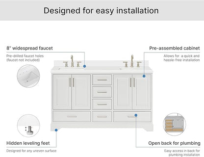 ARIEL Stafford 60-inch Bathroom Vanity with Sink,Solid Wood, 1.5-inch Pure White Quartz Countertop & Backsplash, Double Rectangular Porcelain Sink, 4 Soft Closing Doors, 6 Dovetail Drawers, White