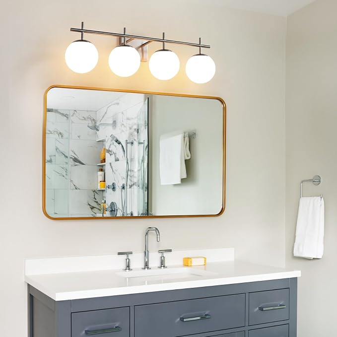 AIJIASI Bathroom Vanity Light, 4-Light Brushed Nickel Vanity Lights, 30.7 Inch Modern Bathroom Light Fixtures with Milky White Glass Globe Shade, Vanity Lighting Fixtures Over Mirror Wall Sconce