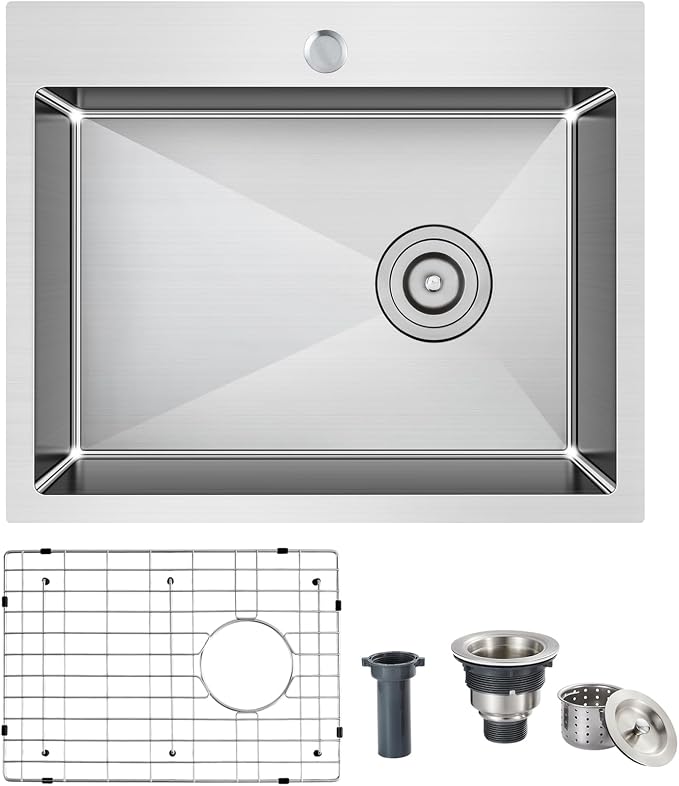 Kitchen Sink, 24x18 Inch Drop in Sink | 304 Stainless Steel, Right Offset Drain, 9" Deep Single Bowl Kitchen Sinks, Brushed(Inclued Drain Strainer & Bottom Grid)