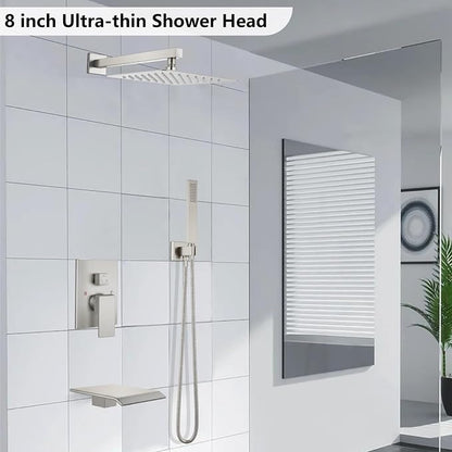 Midanya Rain Shower System with Tub Spout,8 Inch Brushed Nickel | with Valve&Trim Kit,All Metal,Square Rainfall Head,Handheld Sprayer,Waterfall Spout,Wall Mount,Bathroom Shower Tub Faucet Set