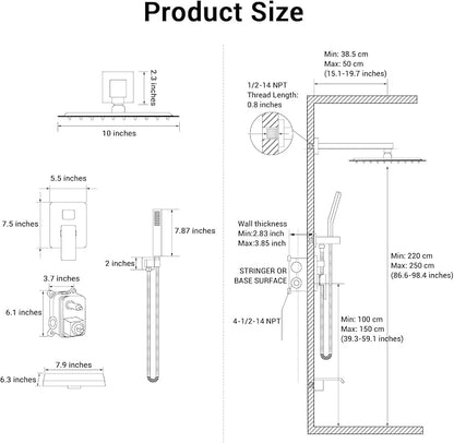 10" Rain Shower Faucet Set with Tub Spout,Oil Rubbed Bronze | Anti-scald cartridge, air tech boosts pressure 50%, 3-func diverter, NPT 1/2