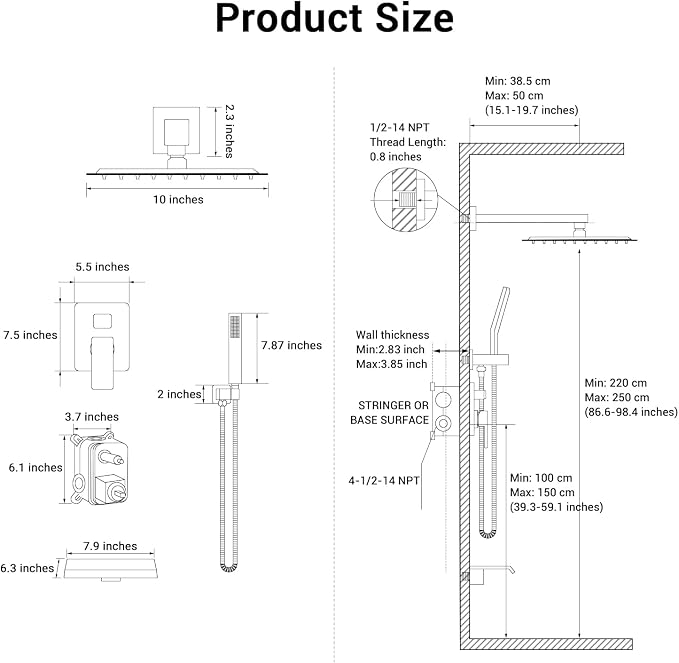 10" Rain Shower Faucet Set with Tub Spout, Brush Gold | Anti-scald cartridge, air tech boosts pressure 50%, 3-func diverter, NPT 1/2