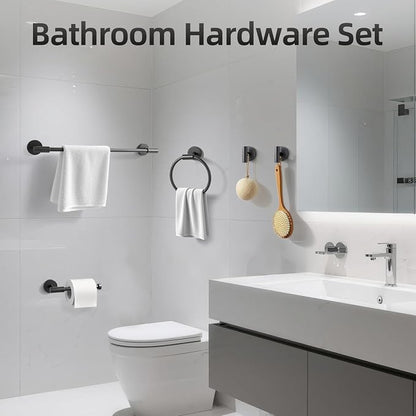 Matte Black Bathroom Hardware Accessories Towel Bar Set 5 Pieces | Stainless Steel Black Towel Rack Set Including 19in Towel Bar Wall Mounted, Bathroom Towel Holder, Towel Ring, Towel Hooks