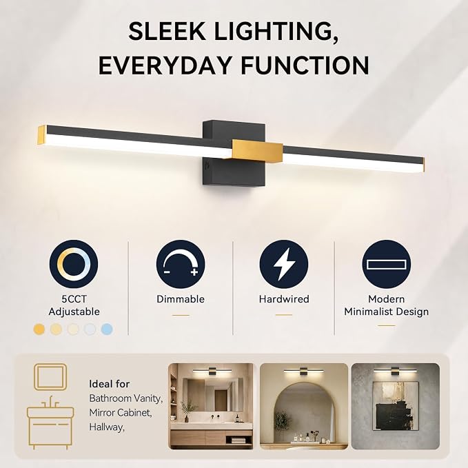 SOLFART Bathroom Vanity Lights 32-Inch: Black and Gold Dimmable 5 Color Temperature 360 Degree Rotation Bathroom Lights Over Mirror ETL IP44