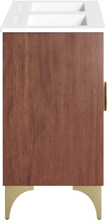 Modway Daylight Bathroom Vanity Cabinet with Ceramic Basin, 48" Double Sink, White Walnut