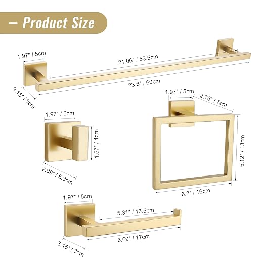 YACVCL Towel Bar Set 10-Piece Brushed Gold Bathroom Hardware Set, Gold Bathroom Accessories Set,23.6 Inch Towel Holder-Towel Racks Set for Bathroom Stainless Steel Wall Mounted