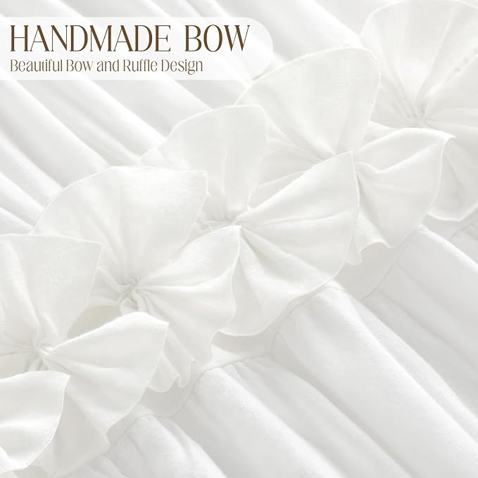 Ruffle Farmhouse Linen Shower Curtain with Vintage Cotton White 72"W x 72"H | Soft Cotton Cloth, Ruffle Bow and Ruffled Hem，Linen Texture，Machine Washable，12 Metal Holes and Plastic Hooks
