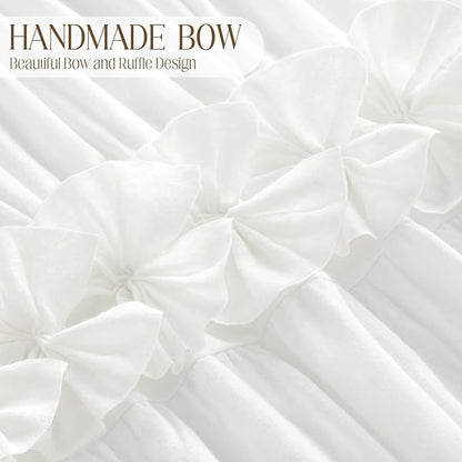 Ruffle Farmhouse Linen Shower Curtain with Vintage Cotton White 72"W x 72"H | Soft Cotton Cloth, Ruffle Bow and Ruffled Hem，Linen Texture，Machine Washable，12 Metal Holes and Plastic Hooks