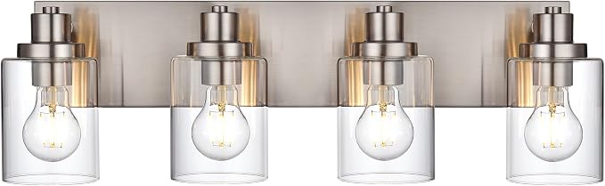 4 Light Vanity Light Brushed Nickel Bathroom Lighting Fixtures Over Mirror, Modern Bathroom Light with Clear Glass Shade, Farmhouse Vanity Lights