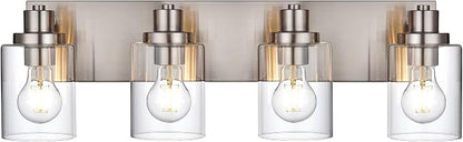 4 Light Vanity Light Brushed Nickel Bathroom Lighting Fixtures Over Mirror, Modern Bathroom Light with Clear Glass Shade, Farmhouse Vanity Lights