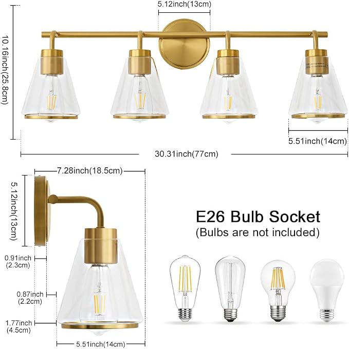 30" 4-Light Brushed Gold Modern Bathroom Vanity Light Fixtures Over Mirror | Clear Glass Shade, Heat-Resistant Ceramic E26 Socket, Wall Sconces, Rustproof, Fit 32–40 Inch Mirrors for Vanity Table