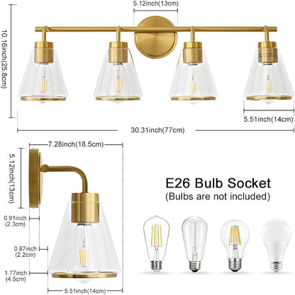 30" 4-Light Brushed Gold Modern Bathroom Vanity Light Fixtures Over Mirror | Clear Glass Shade, Heat-Resistant Ceramic E26 Socket, Wall Sconces, Rustproof, Fit 32–40 Inch Mirrors for Vanity Table