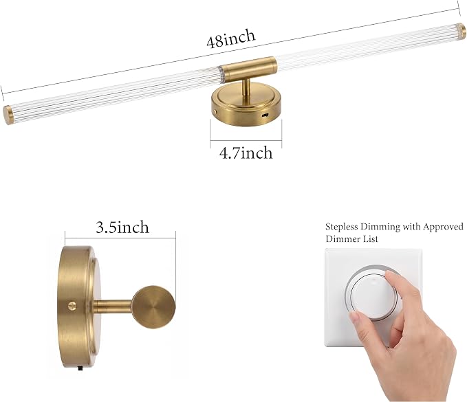 URSOLA 48" Modern LED Bathroom Light Fixtures, Golden 3CCT Dimmable Bathroom Vanity Light Over Mirror, Bathroom Vanity Bath Bar Lights with 360° Removable Acrylic Light Tube