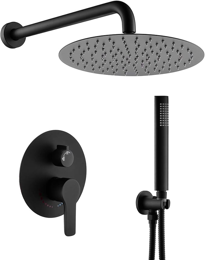 Matte Black Shower Faucet Set, Rain Shower System Contain 10 Inches Rain Shower Head with Handheld, Bathroom Wall Mounted Rainfall Shower Fixture Set(Round Black Shower + Rough Valve)