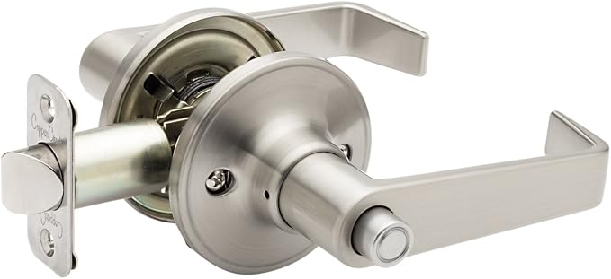Copper Creek Avery Privacy Lever, Satin Nickel, Push Button Lock for Bedroom and Bathroom, ANSI Grade 3, Reversible Keyless Interior Door Handle, DIY Install, AL1231SS