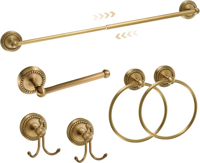 6 Pcs Antique Brass Gold Bathroom Accessories Set 15.7"-26.7" Solid Brass Towel Bar, Towel Ring, Toilet Paper Holder, Robe Hook, Wall Mounted Vintage Bath Hardware Fixture Set
