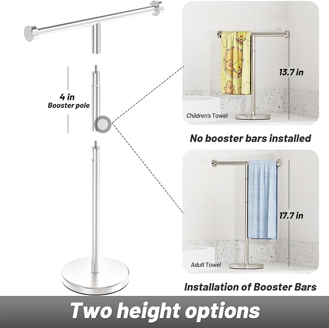 VEHHE T-Shape Hand Towel Holder Stand Height Adjustable Non-Slip-Silver | Height Adjustable 13.7"-17.7" | SUS304 Stainless Steel | Tool-Free Assembly | Removable Anti-Slip Knobs | Base 5.5"