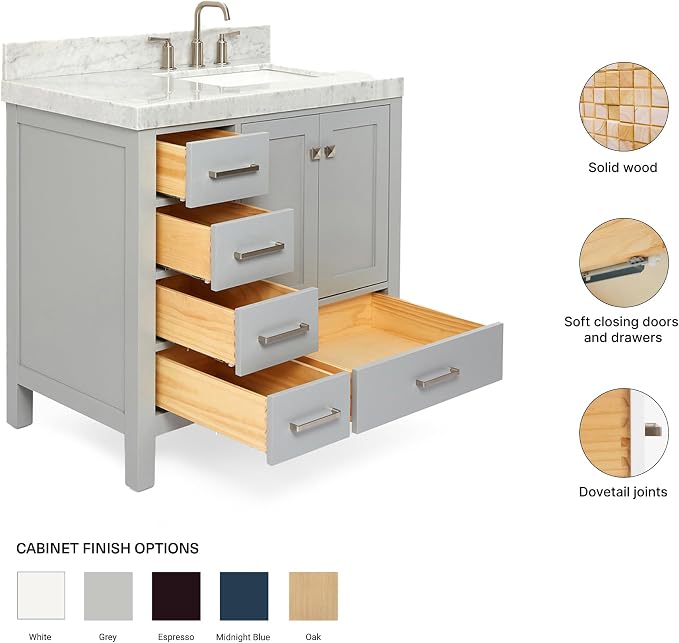 ARIEL Cambridge 36-inch Bathroom Vanity with Sink,Solid Wood, 2-inch Italian Carrara Marble Countertop, Single Rectangular Porcelain Sink, 2 Soft Closing Doors, 5 Dovetail Drawers, Grey