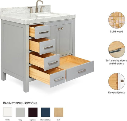 ARIEL Cambridge 36-inch Bathroom Vanity with Sink,Solid Wood, 2-inch Italian Carrara Marble Countertop, Single Rectangular Porcelain Sink, 2 Soft Closing Doors, 5 Dovetail Drawers, Grey