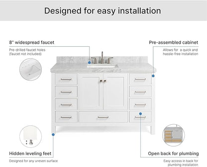 ARIEL Cambridge 54-inch Bathroom Vanity with Sink,Solid Wood, 1.5-inch Italian Carrara Marble Countertop, Single Rectangular Porcelain Sink, 2 Soft Closing Doors, 9 Dovetail Drawers, White