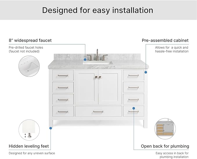 ARIEL Cambridge 54-inch Bathroom Vanity with Sink,Solid Wood, 1.5-inch Pure White Quartz Countertop & Backsplash, Single Rectangular Porcelain Sink, 2 Soft Closing Doors, 9 Dovetail Drawers, White