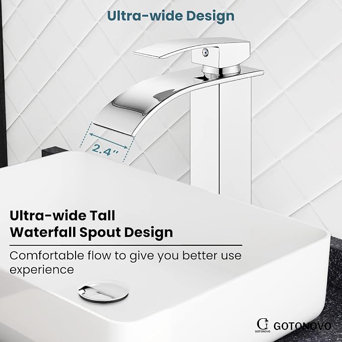 gotonovo Modern Waterfall Tall Bathroom Faucet 1 Hole, Polish Chrome | Vessel Sink Faucet Single Handle 304 Stainless Steel,Pop Up Drain,24" cUPC Supply Line,for Lavatory Vanity Restroom Basin RV