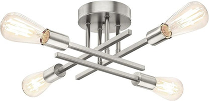 Brushed Nickle Semi Flush Mount Ceiling Lights, 4-Light Modern Industrial Sputnik Chandelier Light Fixture, Silver Flush Mount Light for Kitchen Bedroom Living Room Dining Room Closet, E26 Bulb Socket