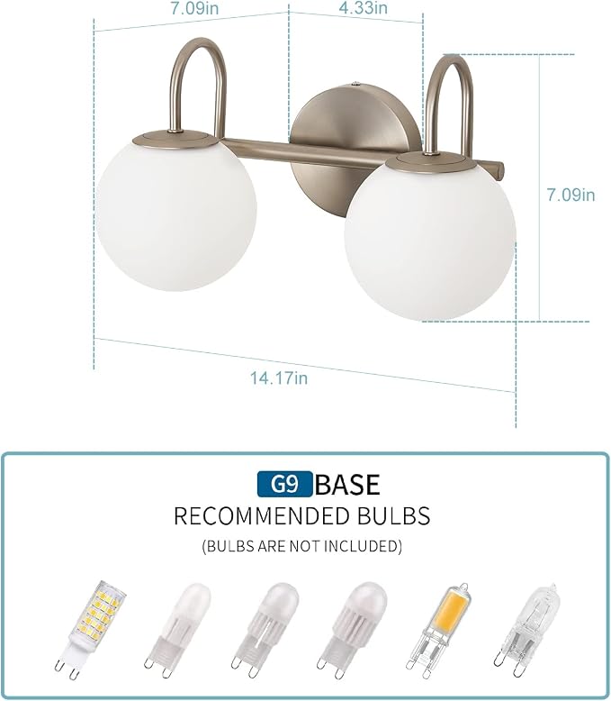 Modern Bathroom Vanity Light Fixtures Brushed Nickel 2 Lights Milk White Globe Glass Shade Modern Wall Sconce Lights Vanity Lights Over Mirror(Exclude G9 Bulb)