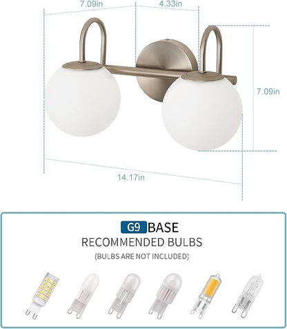 Modern Bathroom Vanity Light Fixtures Brushed Nickel 2 Lights Milk White Globe Glass Shade Modern Wall Sconce Lights Vanity Lights Over Mirror(Exclude G9 Bulb)