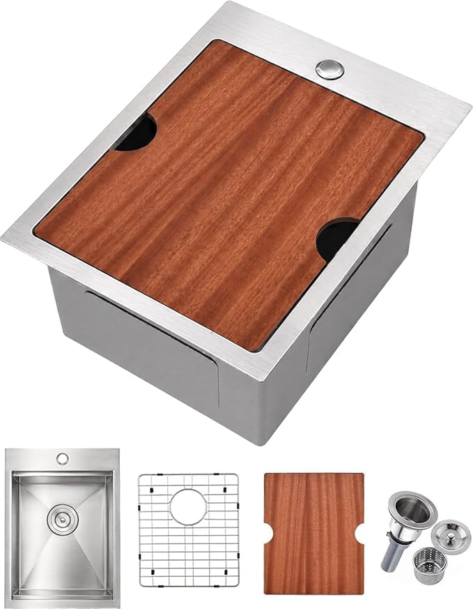 HOTIS Drop In Bar Sink, 15 x 20 Inch Small Kitchen Sink, 304 Stainless Steel Topmount Workstation Sinks, Handmade 16 Gauge Single Bowl Kitchen Sinks with Dish Grid & Drain and Cutting Board