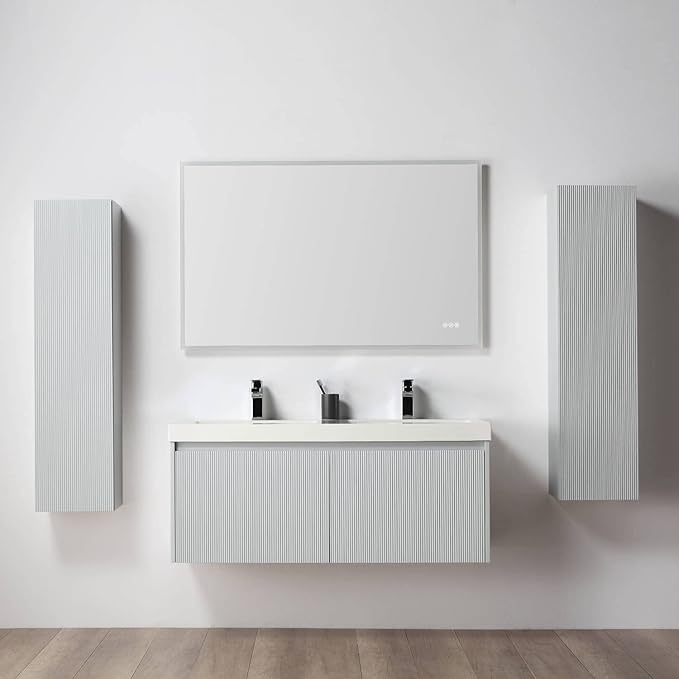 Blossom 48 Inch Double Sink Bathroom Vanity with Side Cabinets and Mirrors, All Wood Wall Mounted Floating Bathroom Vanity Cabinet with Acrylic Sink, Soft-Close Drawers, Bathroom Vanities, Light Grey