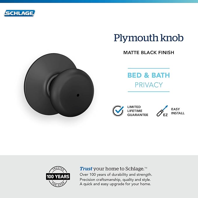 Schlage F40 PLY 622 Plymouth Door Knob, Bed & Bath Privacy Lock, Matte Black