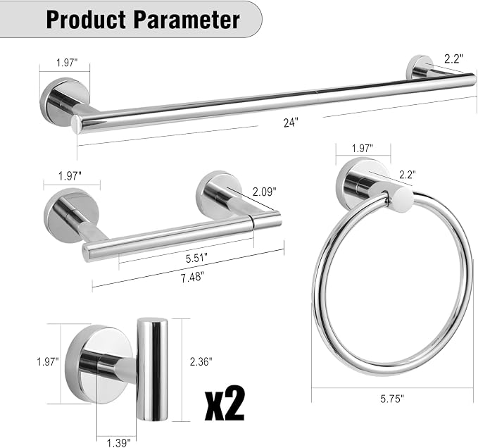5 Piece Modern Style Wall Mounted Bathroom Hardware Set | #304 Stainless Steel, 24" Towel Bar Mount, Towel Rings, 2 Pillar Toilet Paper Holder, Bathrobe Hook (Chrome)