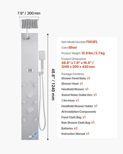 VEVOR Shower Panel Tower System with Rainfall Shower Head, LED, 49 in Brushed Stainless Steel Shower Column, 4-Function Faucet, Wall-Mount Rain Massage System with 6 Body Jets, Handheld, and Tub Spout