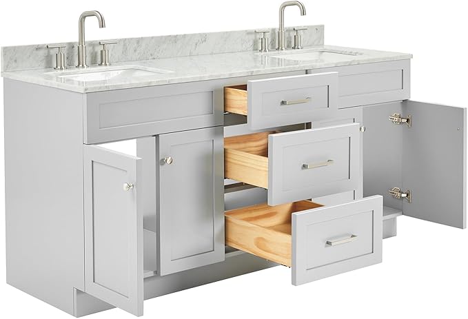 ARIEL Hamlet 72-inch Bathroom Vanity with Sink,Solid Wood, 0.75-inch Italian Carrara Marble Countertop & Backsplash, Double Oval Sink, 4 Soft Closing Doors, 3 Dovetail Drawers, Grey