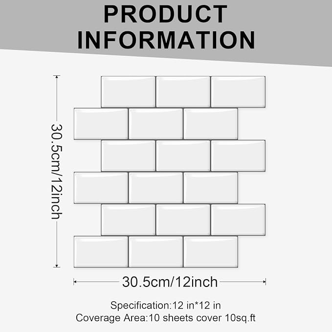 10 Sheets Thicker Design Peel and Stick Backsplash, 12"x12" Peel and Stick Wall Tiles, Subway Look Marble Tiles Backsplash for Kitchen and Bathroom, White