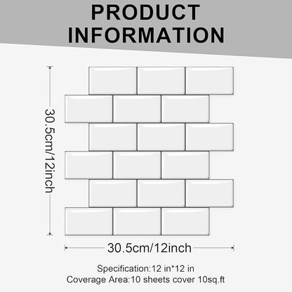 10 Sheets Thicker Design Peel and Stick Backsplash, 12"x12" Peel and Stick Wall Tiles, Subway Look Marble Tiles Backsplash for Kitchen and Bathroom, White