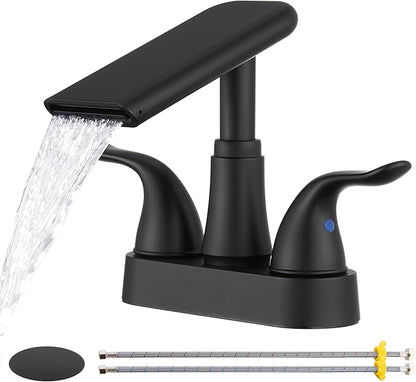 Matte Black Bathroom Faucet 4 Inch Centerset, Waterfall Plastic Bathroom Sink Faucet with Pop Up Drain & Overflow, Dual Handle 360° Swivel Spout, Fits 2 or 3 Hole Lavatory Sink, Modern Design