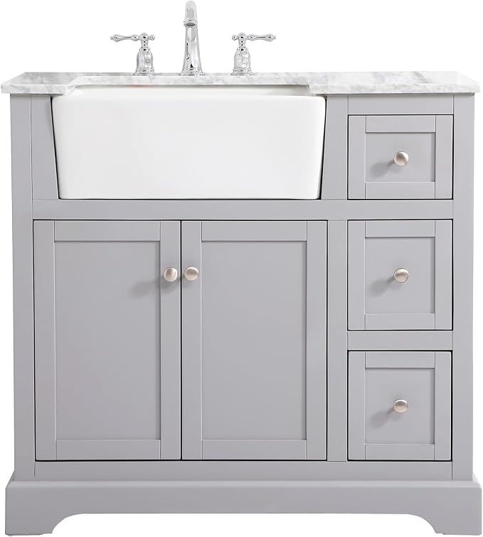 36" Pre-Assembled Bathroom Vanity with Sink, Solid Birch and MDF, Carrara White Marble Countertop Attached, Single Rectangle Porcelain Sink, 3 Soft-Close Drawers, Grey