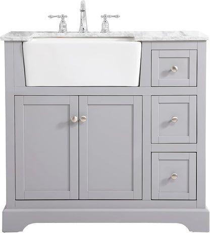 36" Pre-Assembled Bathroom Vanity with Sink, Solid Birch and MDF, Carrara White Marble Countertop Attached, Single Rectangle Porcelain Sink, 3 Soft-Close Drawers, Grey