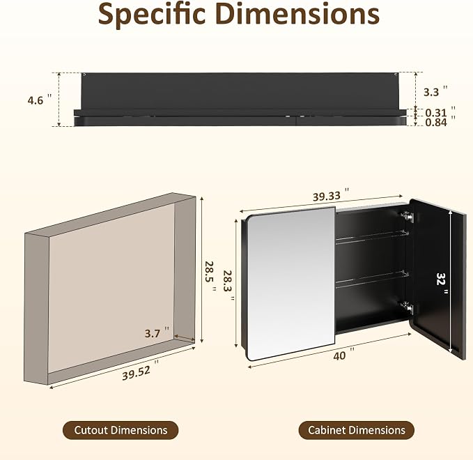 Medicine Cabinet Mirror 40x32 Inch, Double-Sided Bathroom Mirror Cabinet with Adjustable Glass Shelves, 2-Compartment Bathroom Mirror with Storage Recessed or Wall Mount