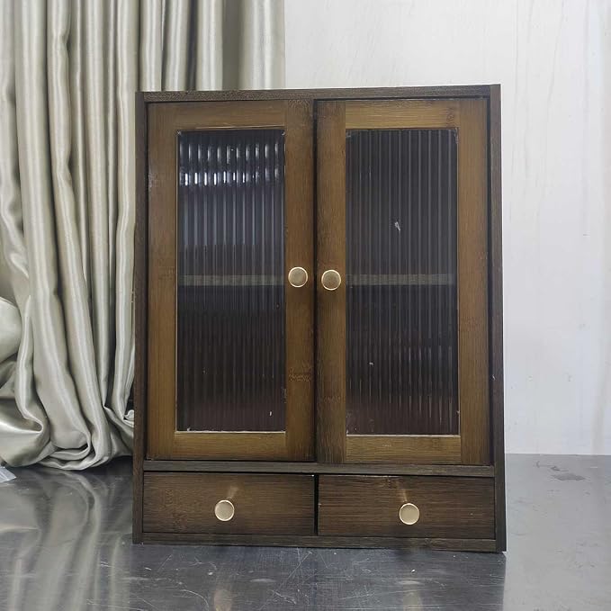 Brown Bamboo Countertop Cabinet Ribbed Magnetic Glass Doors with 2 Drawers | 14.6"W×6.7"D×18.1"H cabinet with adjustable inner shelves, multi-use for kitchen bedroom bathroom office sideboard storage