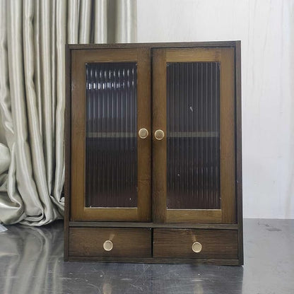 Brown Bamboo Countertop Cabinet Ribbed Magnetic Glass Doors with 2 Drawers | 14.6"W×6.7"D×18.1"H cabinet with adjustable inner shelves, multi-use for kitchen bedroom bathroom office sideboard storage