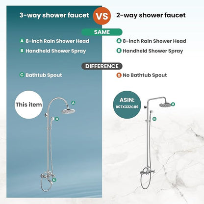 gotonovo Exposed Shower Faucet with Spout Polished Chrome,Curved Pipe | Brass Bathroom Exposed Shower System,8’’ Rain Head,Swivel Tub Spout 2 Cross Handle,Adjustable Handheld Sprayer,Wall Mount