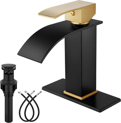Midanya Bathroom Faucet with Waterfall Spout, Single Hole or 3-Hole Deck Mount, 304 Stainless Steel Sink Faucet with Pop-Up Drain, RV Vanity Compatible,Brushed Gold Handle/Matte Black