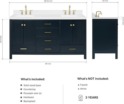 DKB Beckford 66-Inch Midnight Blue Double Bathroom Vanity with Sink, Carrara White Quartz Countertop & Splash, Rectangular Sinks, 4 Soft Closing Doors, 6 Full Extension Dovetail Drawers, Satin Brass