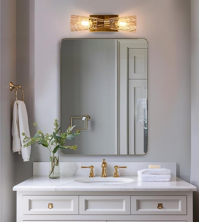 Gold Bathroom Mirror, 24x36 Brushed Brass Rectangle Metal Frame Mirror for Bathroom, Modern Rectangular Wall Mounted Mirror for Vanity