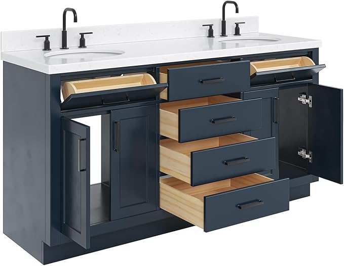ARIEL Hepburn 66-inch Bathroom Vanity with Sink,Solid Wood, 1.5-inch Carrara White Quartz Countertop, Double Oval Porcelain Sink, 4 Soft Closing Doors, 6 Dovetail Drawers, Midnight Blue